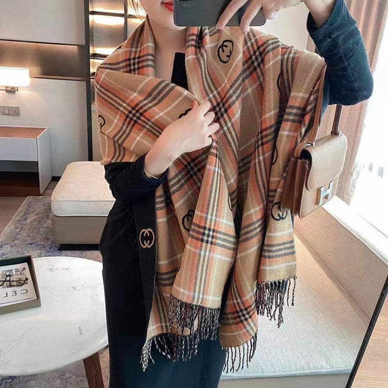 Double Sided Plaid Scarf Women's Christmas Cashmere