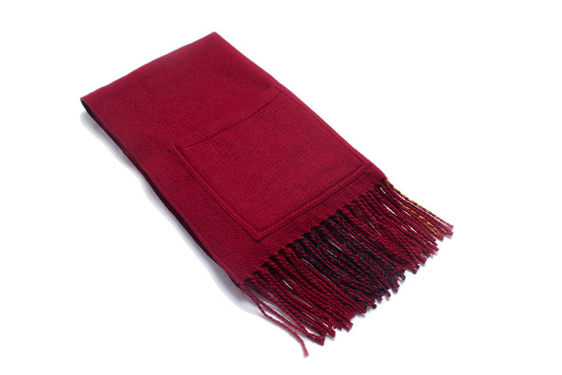 Thick Shawl Imitation Cashmere Fringed Pocket Plaid Scarf