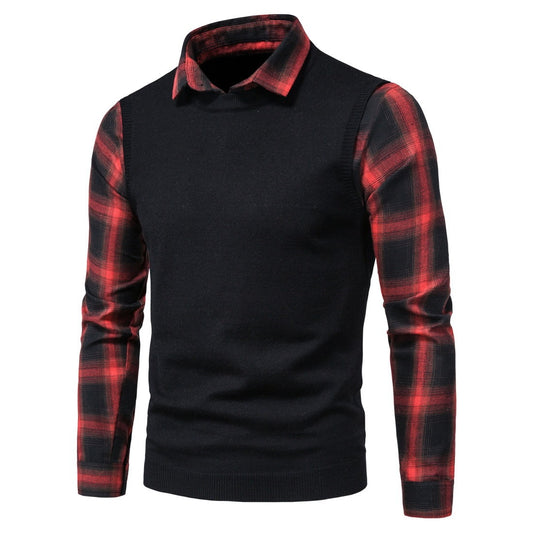 Black And Red Plaid Shirt Lapel Fake Two Sweaters