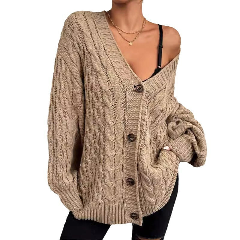Women's Single-breasted Long Sleeve V-neck Sweaters Coat