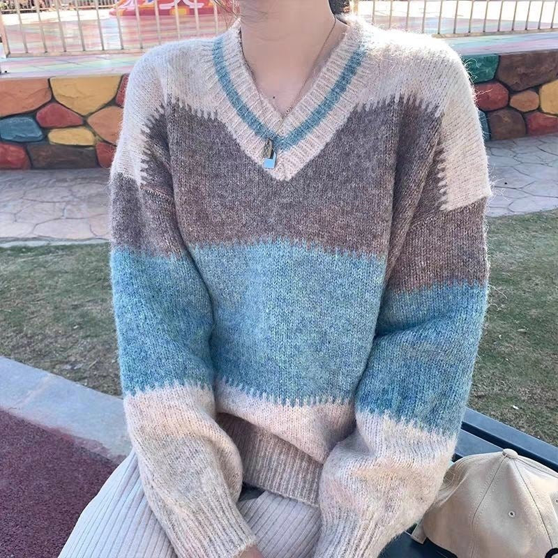 Women's V-neck Loose Color Matching Design Knitted Sweater