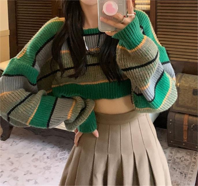 Short Colored Mosaic Striped Knitted Sweater