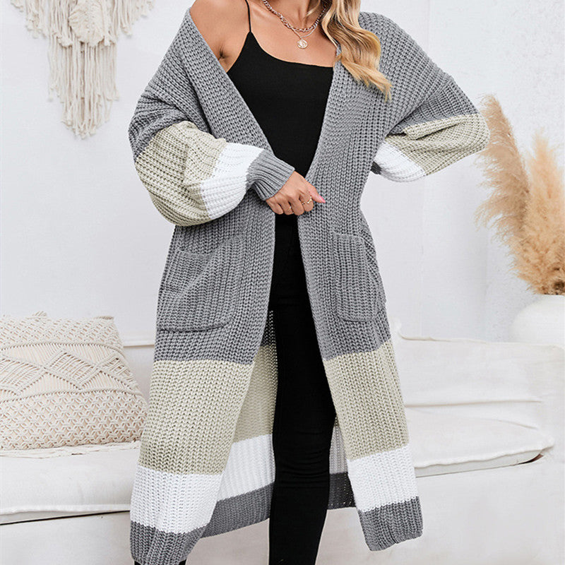 Fall Winter Fashion Color Matching Long Cardigan Warm Outerwear Knitwe