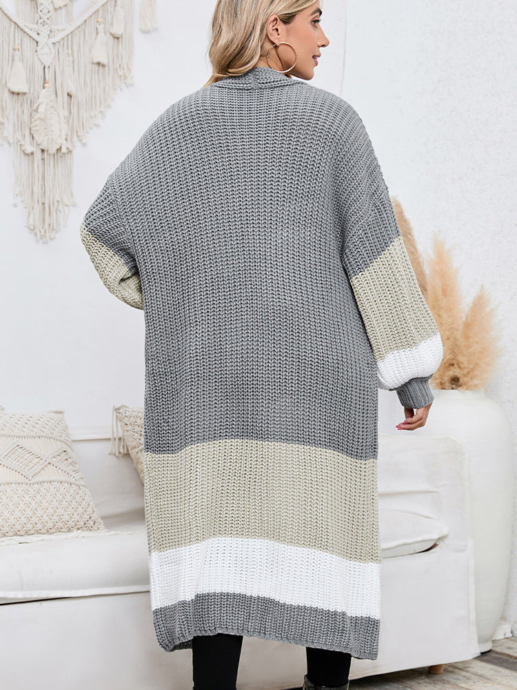 Fall Winter Fashion Color Matching Long Cardigan Warm Outerwear Knitwe