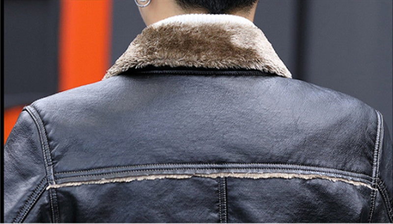 Lapel and Cashmere Men's Casual PU Leather Jacket