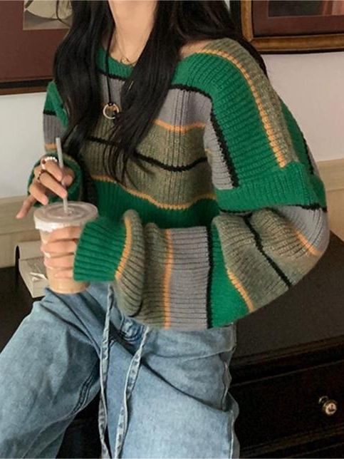 Short Colored Mosaic Striped Knitted Sweater