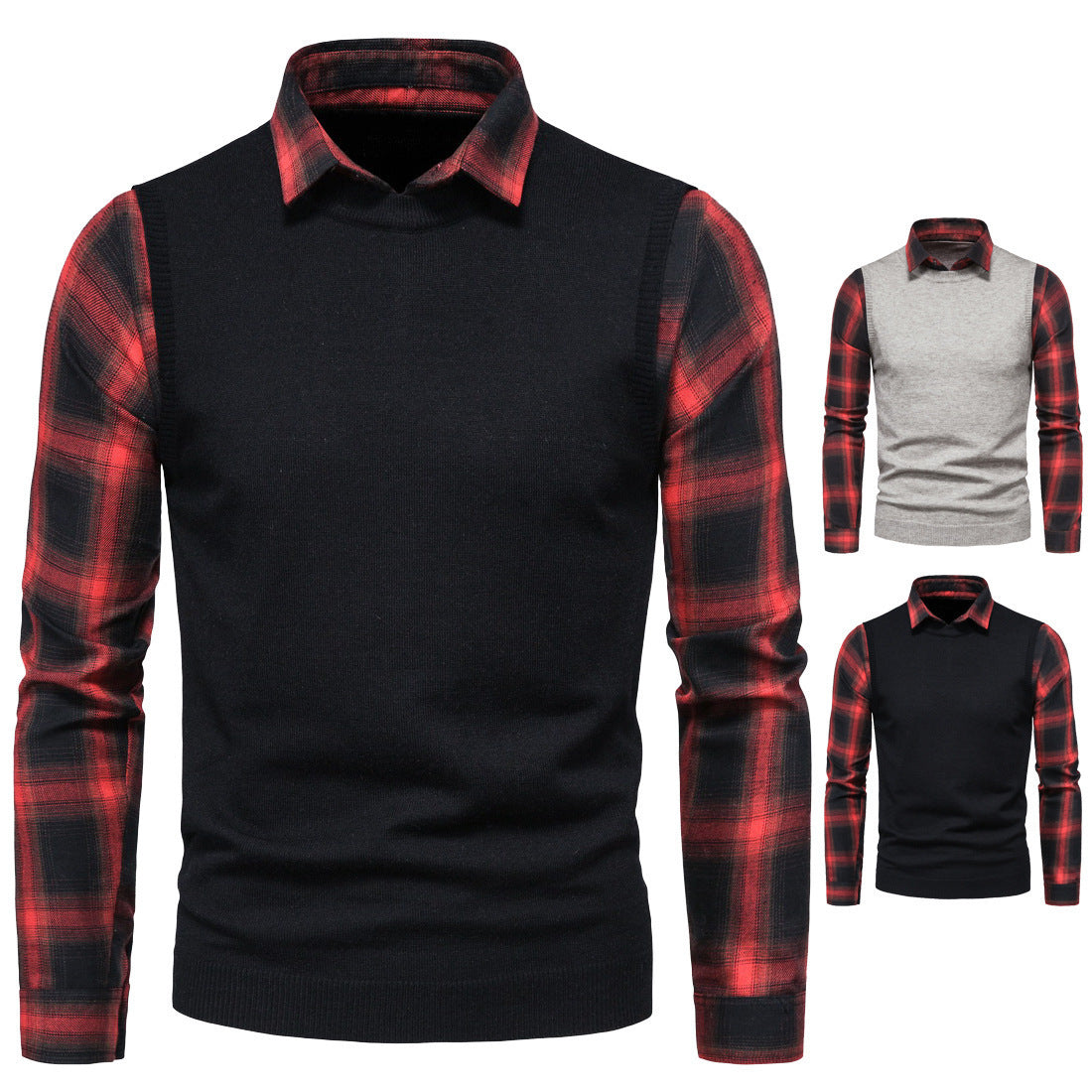 Black And Red Plaid Shirt Lapel Fake Two Sweaters