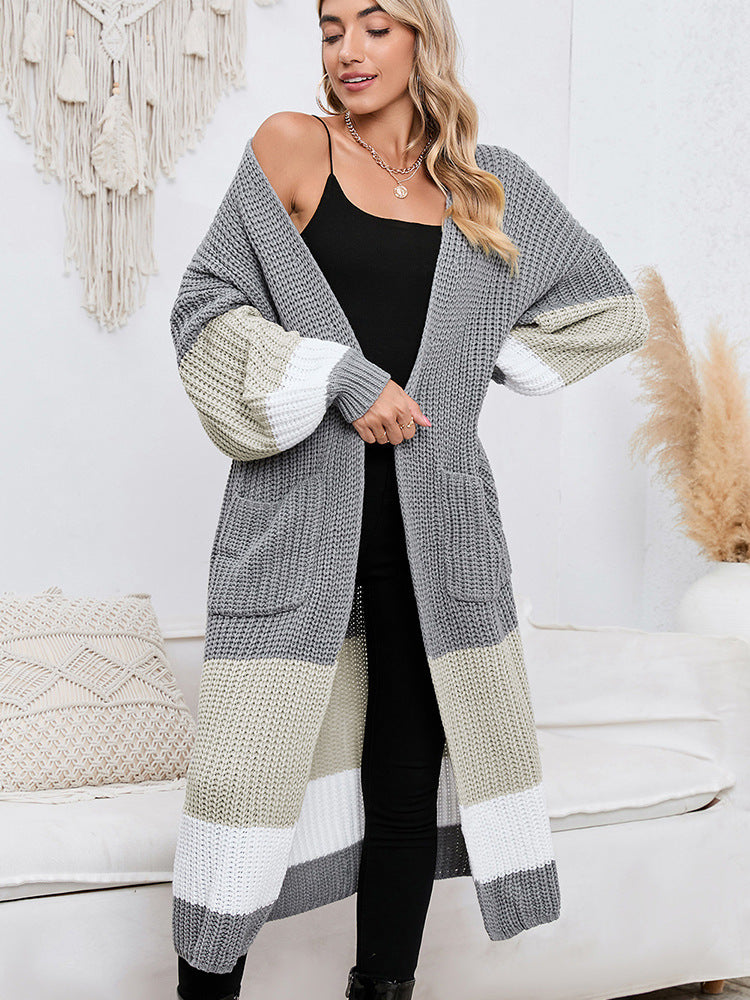 Fall Winter Fashion Color Matching Long Cardigan Warm Outerwear Knitwe