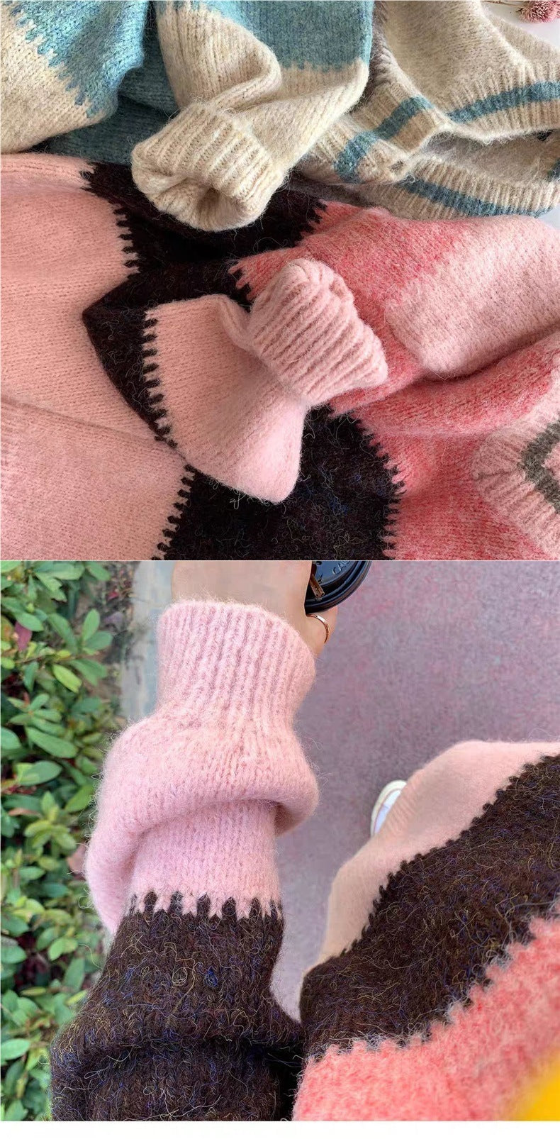 Women's V-neck Loose Color Matching Design Knitted Sweater