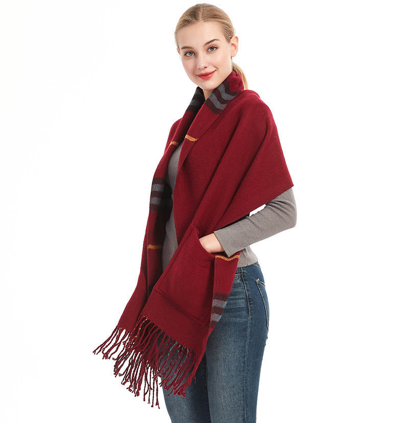Thick Shawl Imitation Cashmere Fringed Pocket Plaid Scarf