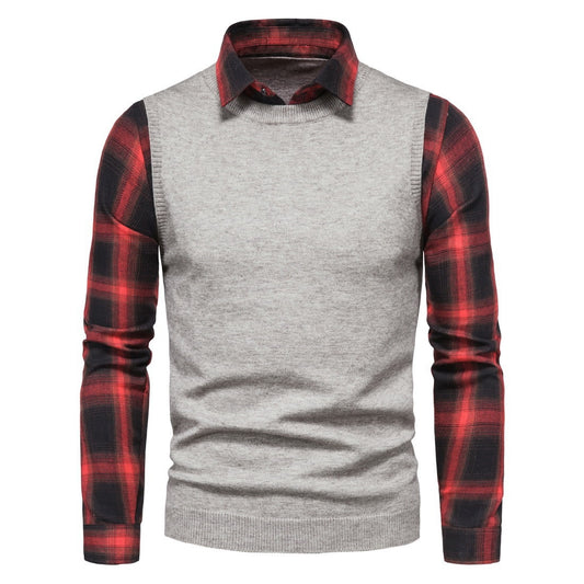 Black And Red Plaid Shirt Lapel Fake Two Sweaters