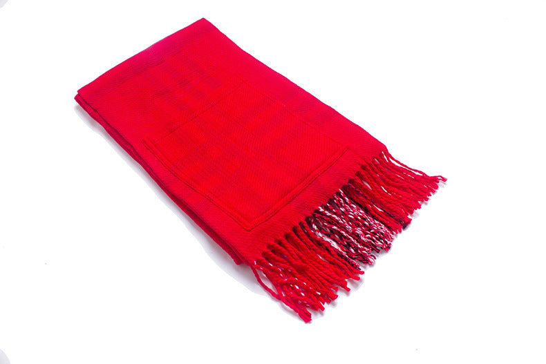Thick Shawl Imitation Cashmere Fringed Pocket Plaid Scarf