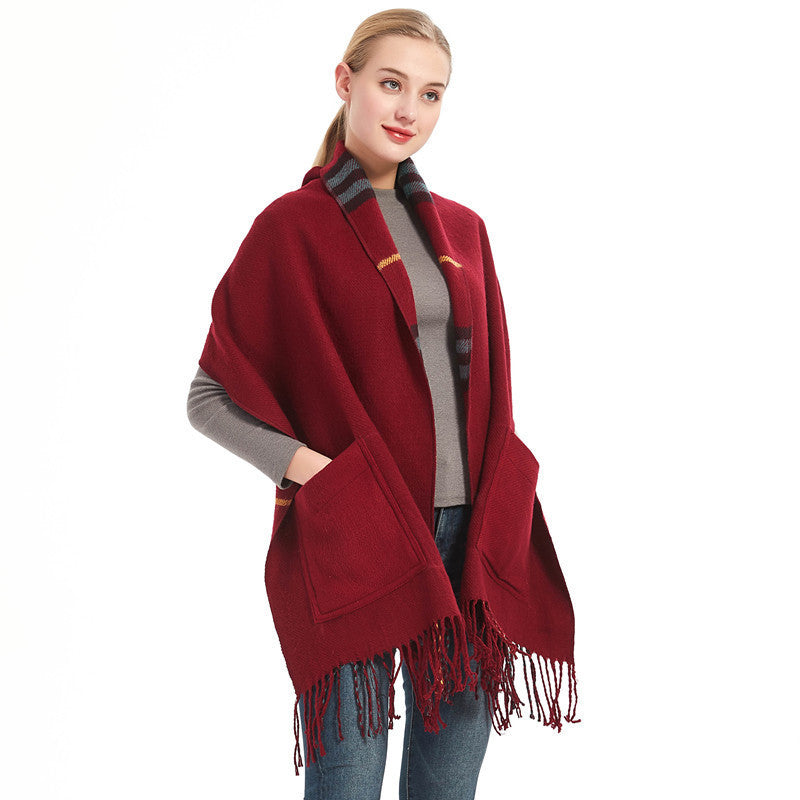 Thick Shawl Imitation Cashmere Fringed Pocket Plaid Scarf