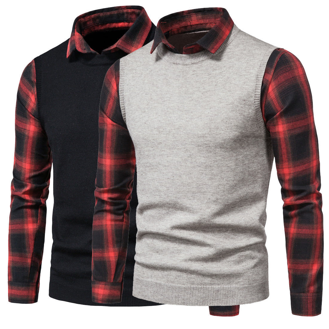 Black And Red Plaid Shirt Lapel Fake Two Sweaters