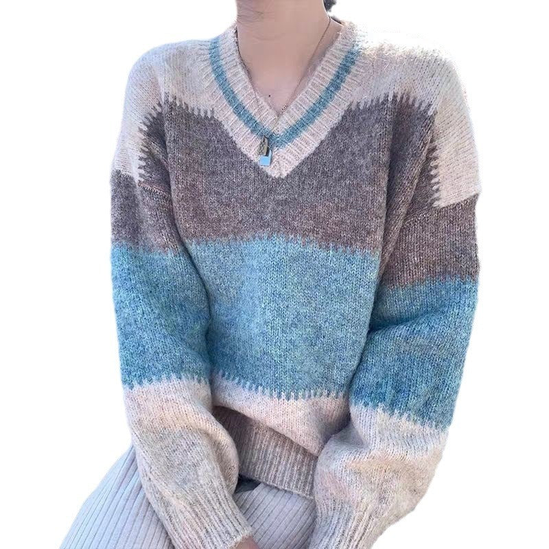 Women's V-neck Loose Color Matching Design Knitted Sweater