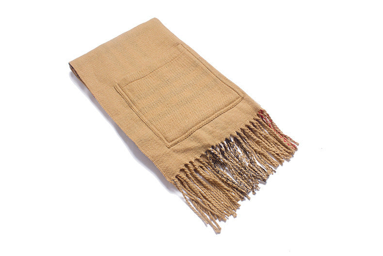 Thick Shawl Imitation Cashmere Fringed Pocket Plaid Scarf