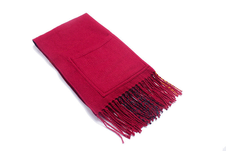 Thick Shawl Imitation Cashmere Fringed Pocket Plaid Scarf