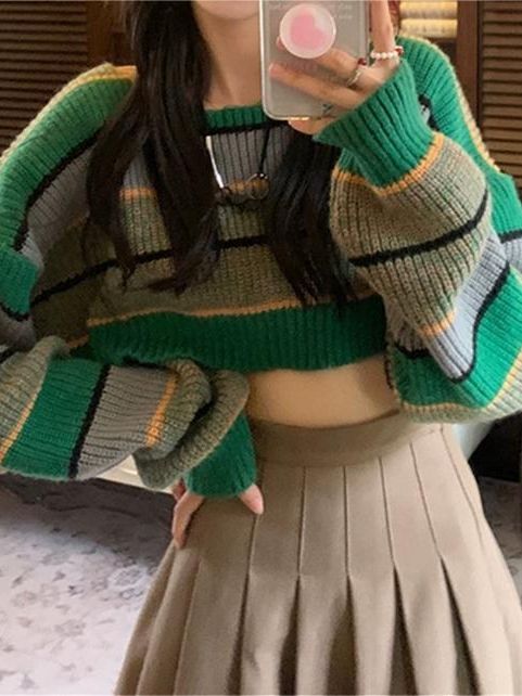 Short Colored Mosaic Striped Knitted Sweater