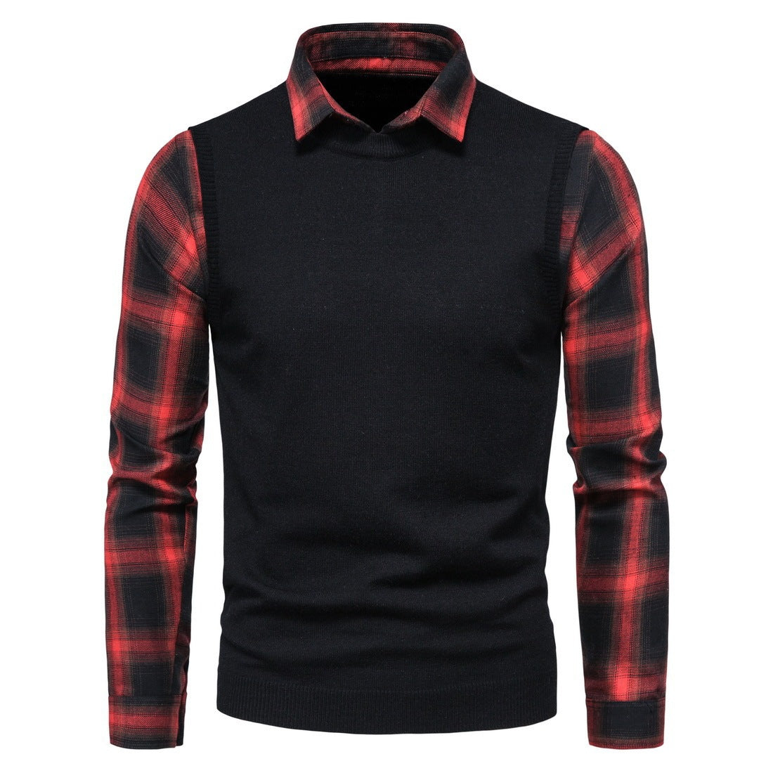 Black And Red Plaid Shirt Lapel Fake Two Sweaters