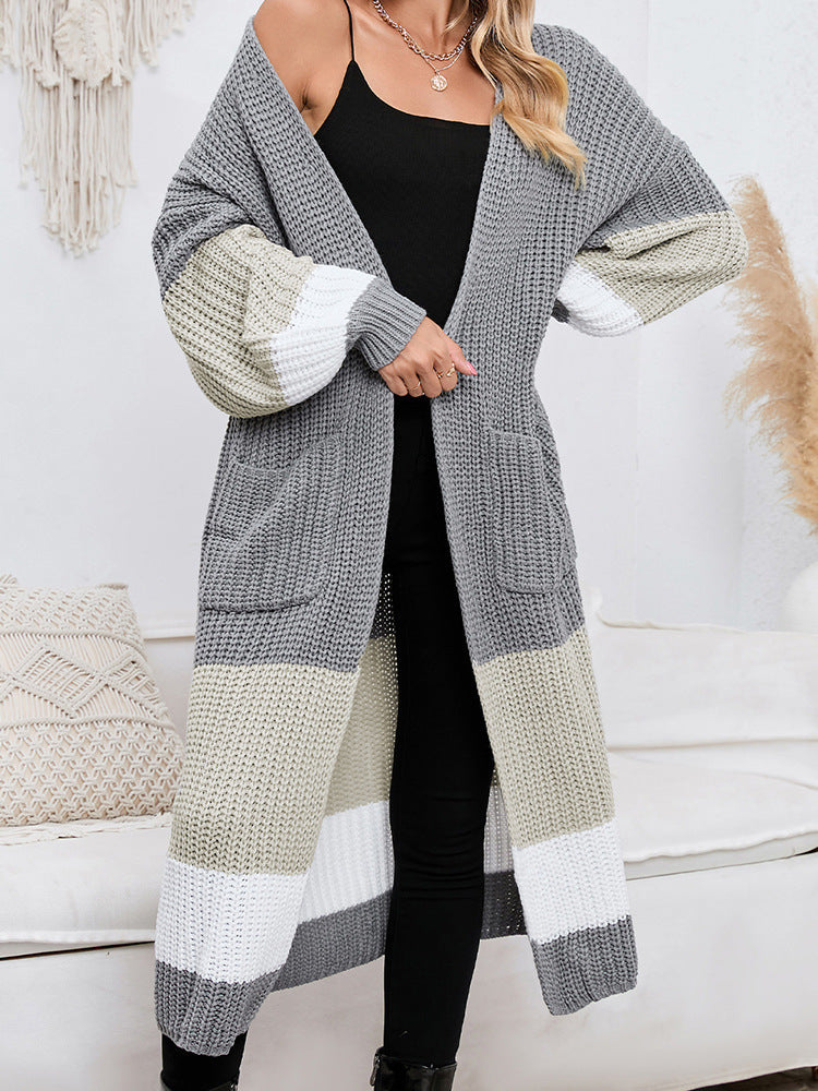 Fall Winter Fashion Color Matching Long Cardigan Warm Outerwear Knitwe