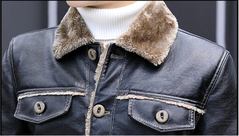 Lapel and Cashmere Men's Casual PU Leather Jacket