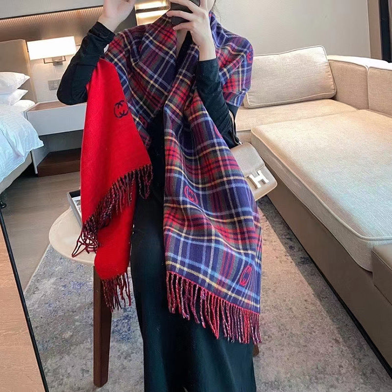 Double Sided Plaid Scarf Women's Christmas Cashmere