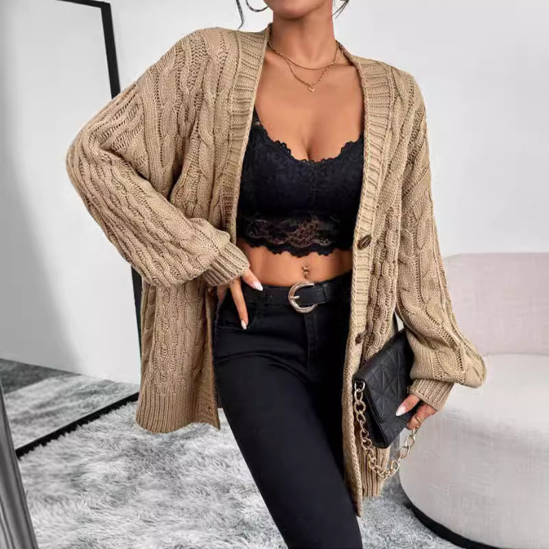 Women's Single-breasted Long Sleeve V-neck Sweaters Coat