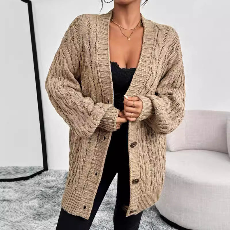 Women's Single-breasted Long Sleeve V-neck Sweaters Coat