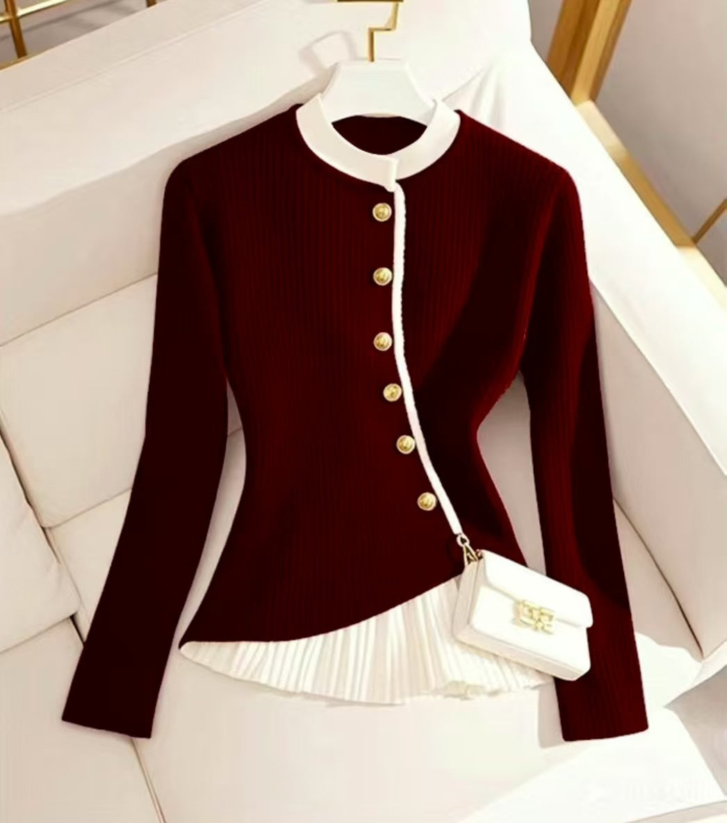 Design Sense Wine Red Fake Two-piece Knitted Sweaters