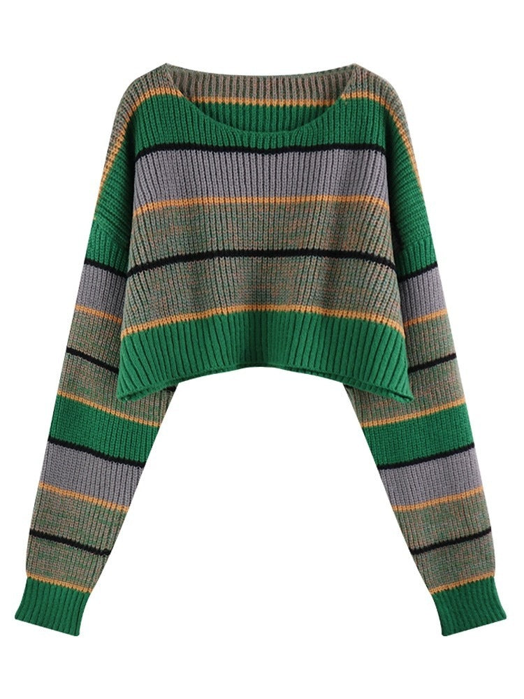 Short Colored Mosaic Striped Knitted Sweater