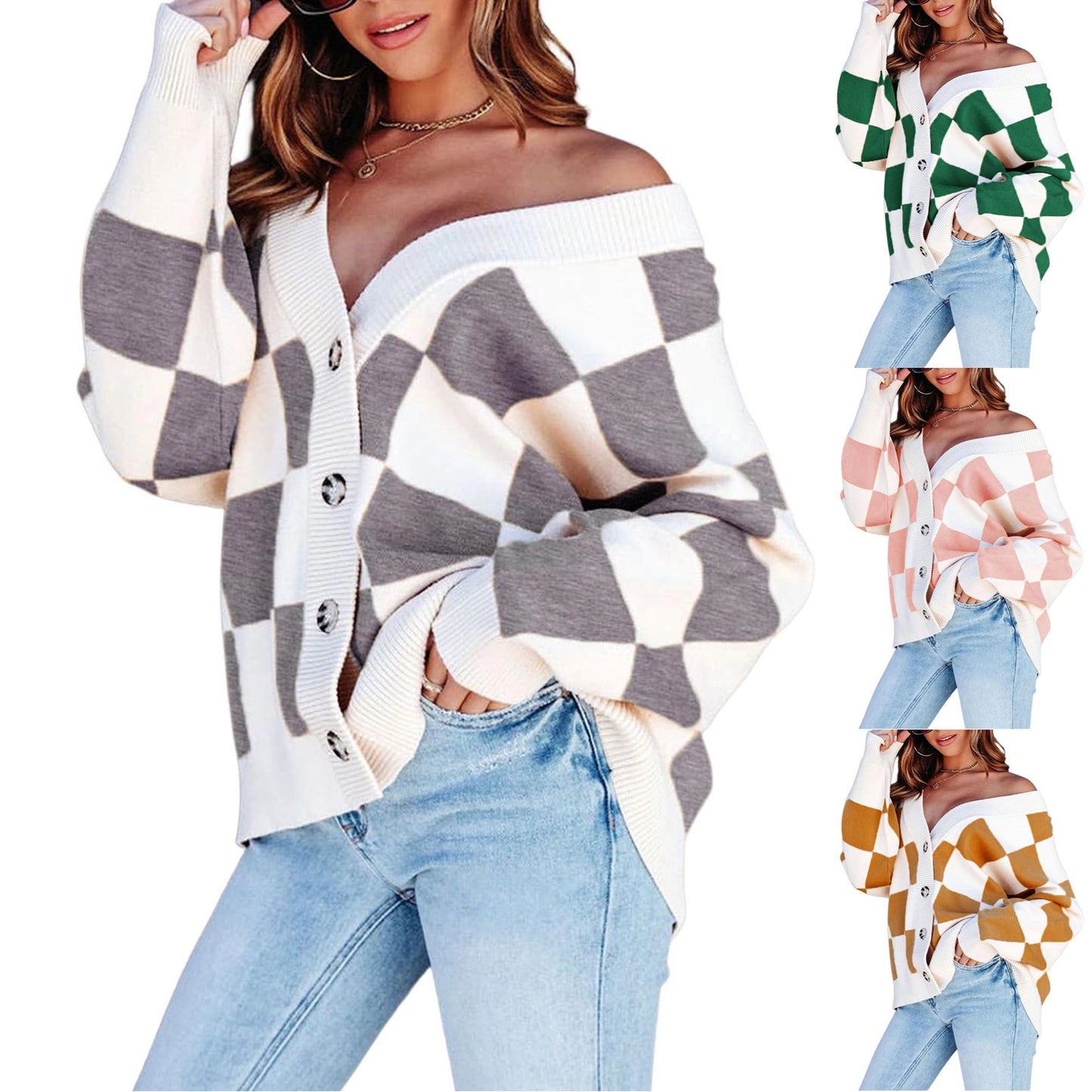 Women's Autumnwinter Casual Loose Checkered Contrast Color Knitted Cardigan