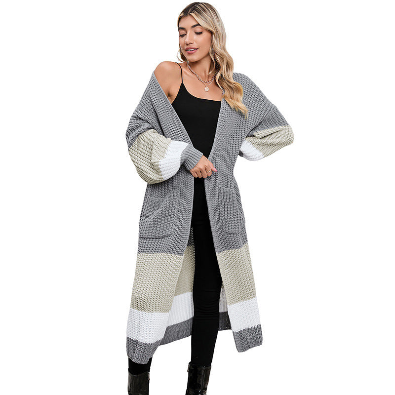 Fall Winter Fashion Color Matching Long Cardigan Warm Outerwear Knitwe