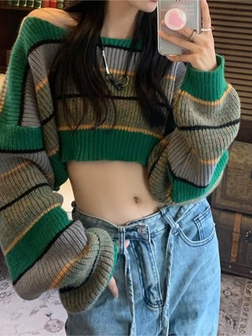 Short Colored Mosaic Striped Knitted Sweater