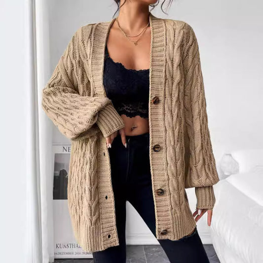 Women's Single-breasted Long Sleeve V-neck Sweaters Coat