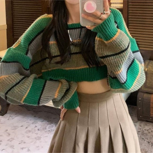 Short Colored Mosaic Striped Knitted Sweater