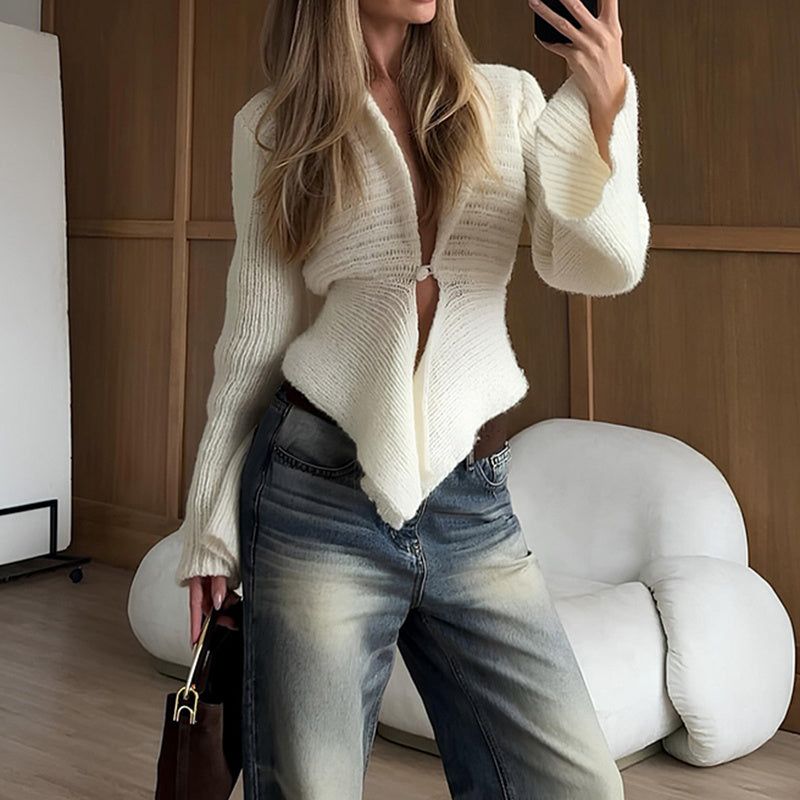 Elegant Irregular Hem Cardigan Sweater For Women Knitted Long Sleeve V